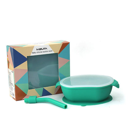Children's Silicone Dinner Plate With Suction Cup And Complementary Food Bowl Compartment With Straw
