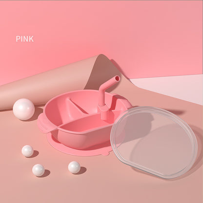 Children's Silicone Dinner Plate With Suction Cup And Complementary Food Bowl Compartment With Straw