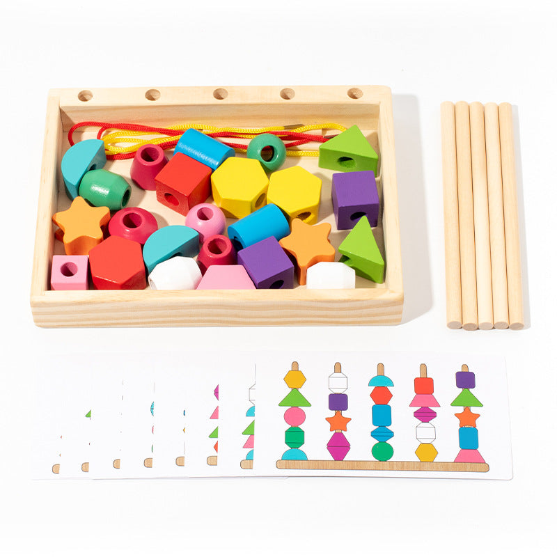 Wooden Educational Geometric Five-Set Column Block Bead Box Puzzle Building Toy
