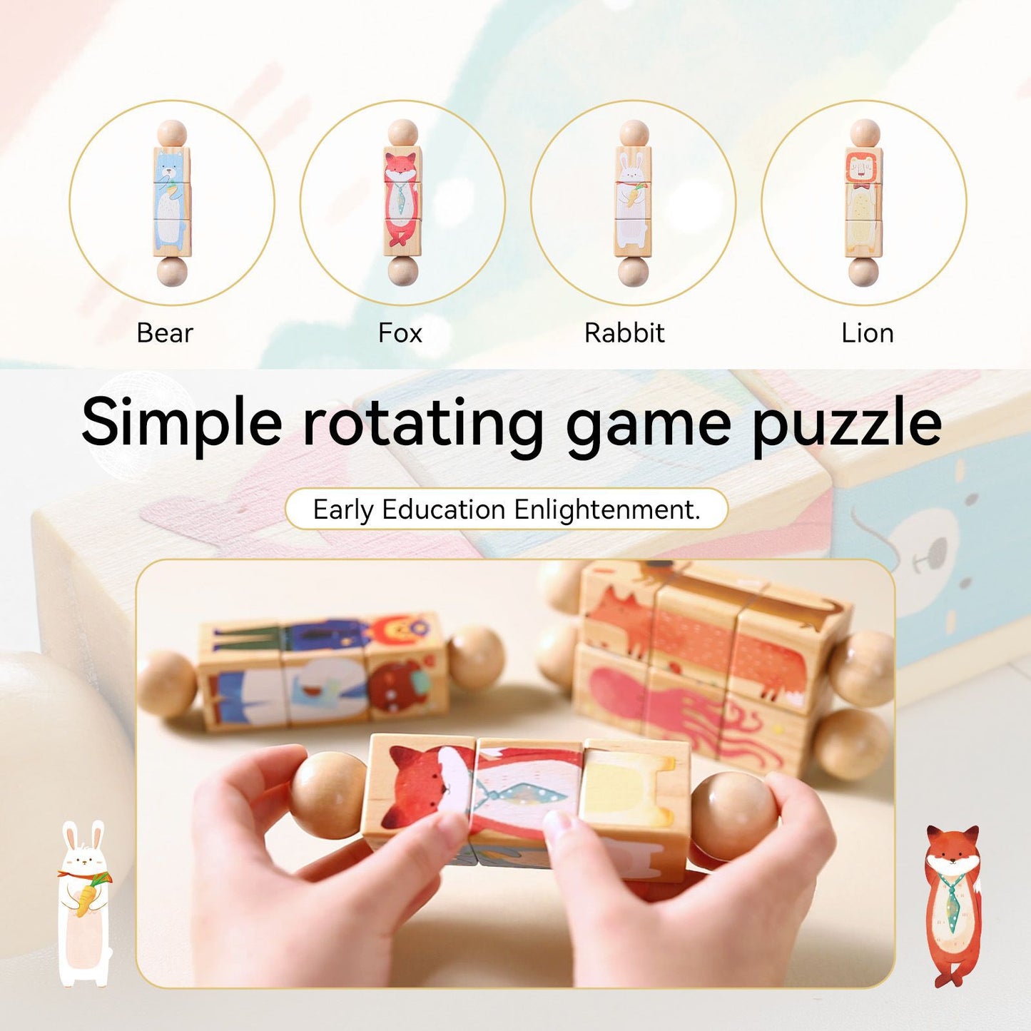 Children's Handbell Wooden Rotating Animal Block Puzzle