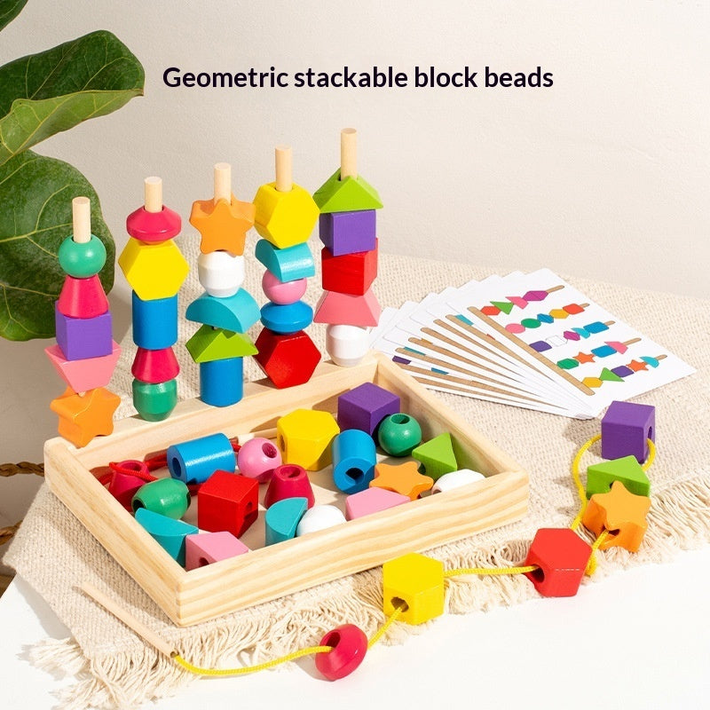 Wooden Educational Geometric Five-Set Column Block Bead Box Puzzle Building Toy