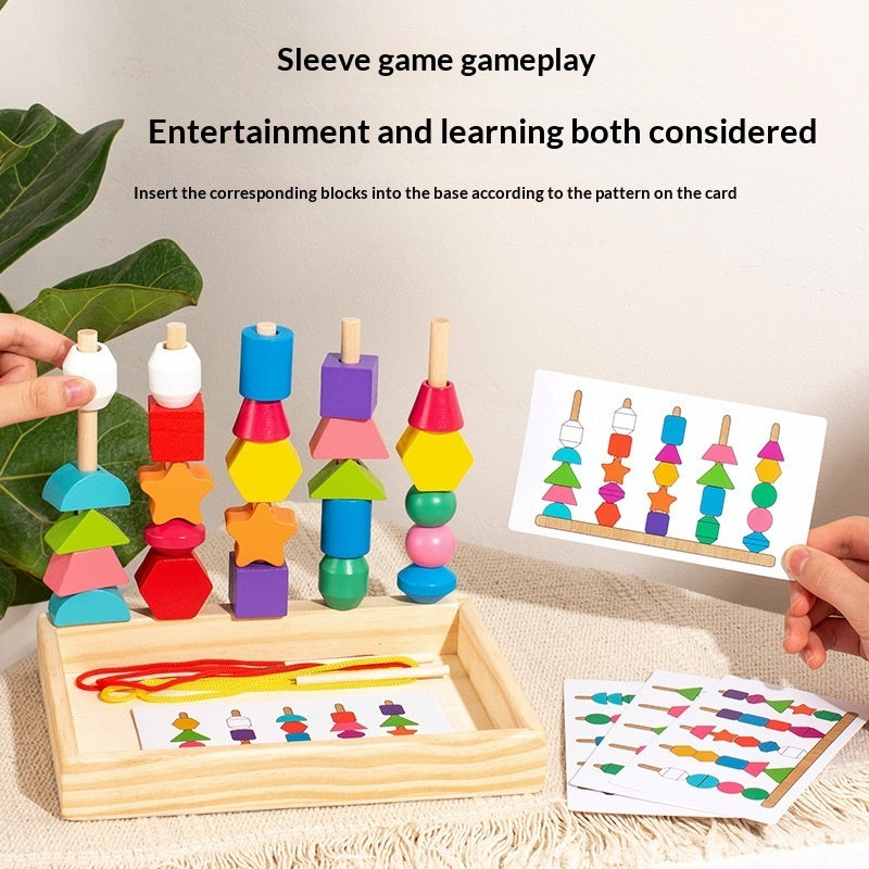 Wooden Educational Geometric Five-Set Column Block Bead Box Puzzle Building Toy