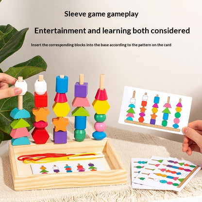 Wooden Educational Geometric Five-Set Column Block Bead Box Puzzle Building Toy