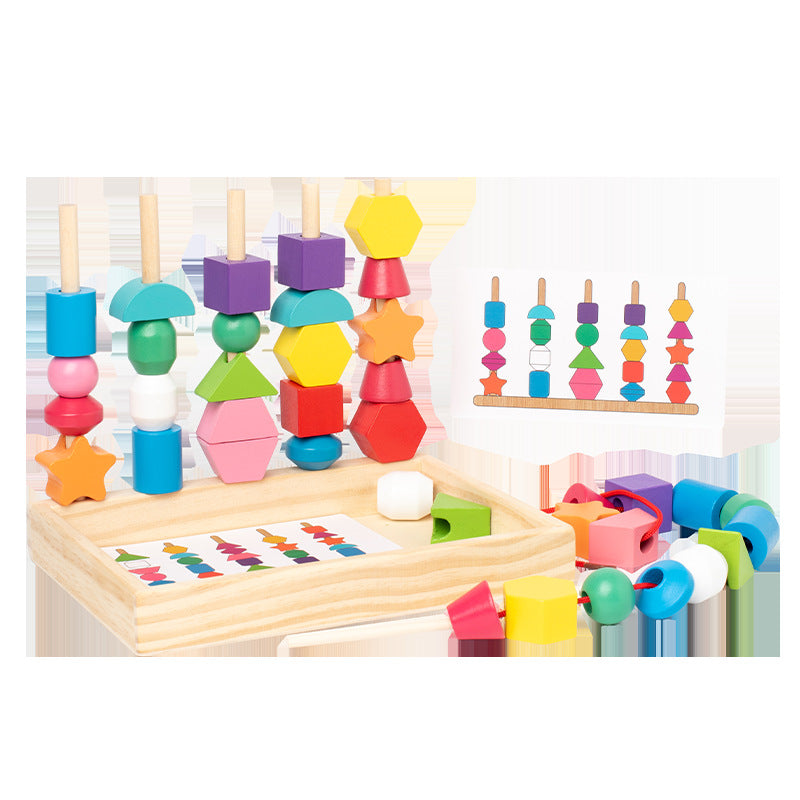 Wooden Educational Geometric Five-Set Column Block Bead Box Puzzle Building Toy