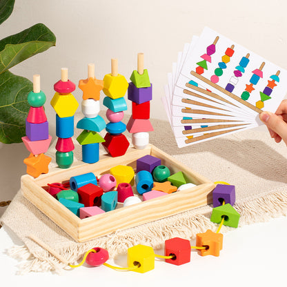 Wooden Educational Geometric Five-Set Column Block Bead Box Puzzle Building Toy