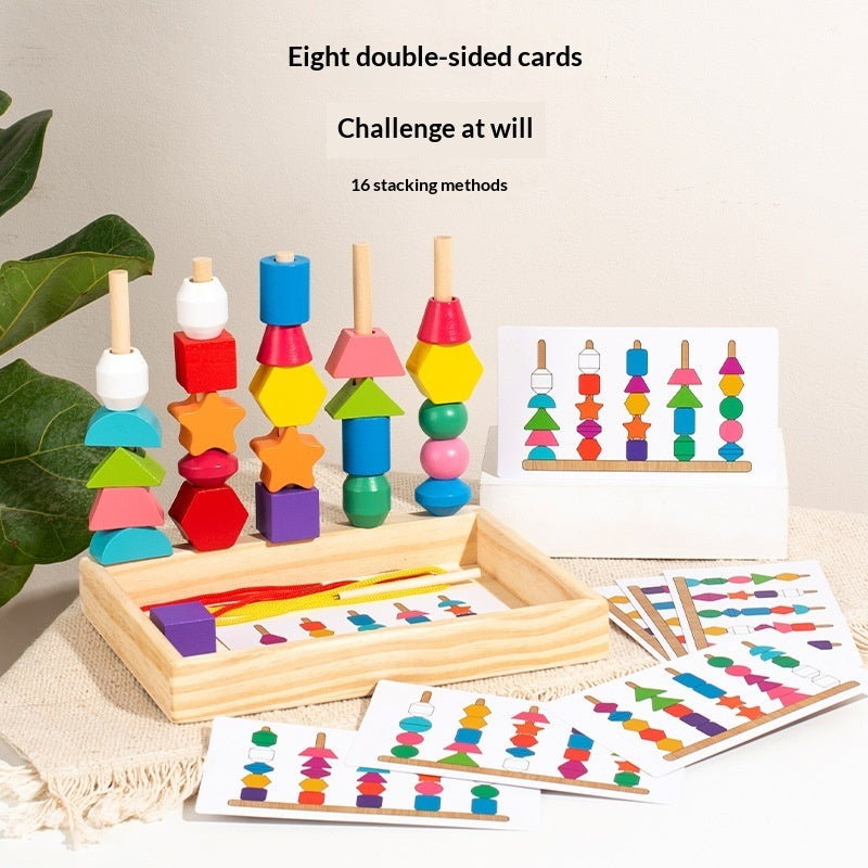 Wooden Educational Geometric Five-Set Column Block Bead Box Puzzle Building Toy